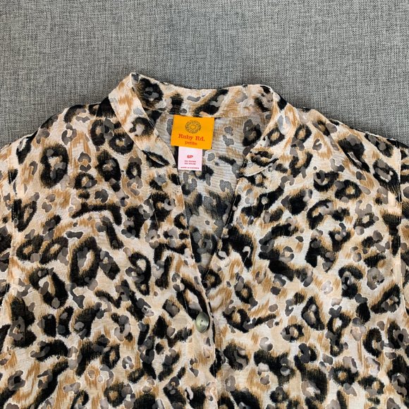 Ruby Rd. Unique Leopard Button Down Blouse Sheer Long Sleeve V-Neckline 6 petite - Picture 2 of 13